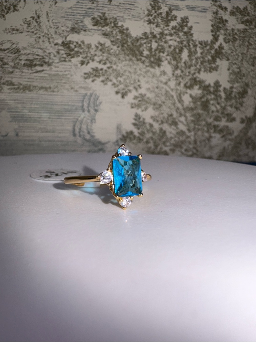 Gold Plated Blue Topaz Emerald Cut Ring Size 5 Aqua Blue Statement New